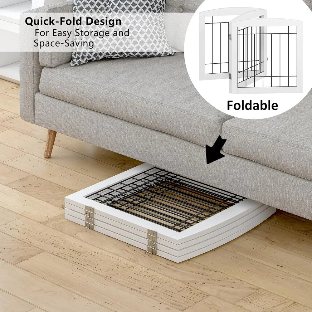 Free Standing Dog Gate for House, Stairs, Doorways - Foldable Wooden Pet Fence, 60"W x 24"H, 3 Panels, White