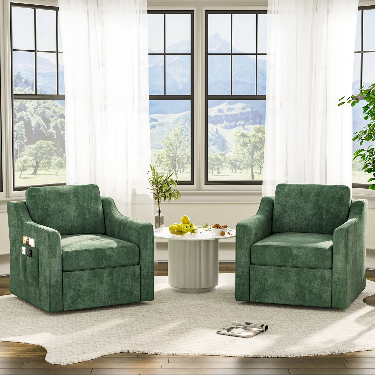 360° Swivel Accent Chair Set of 2, Large Comfy Reading Chairs, Accent Square Single-seat Armchair Upholstered Sofa