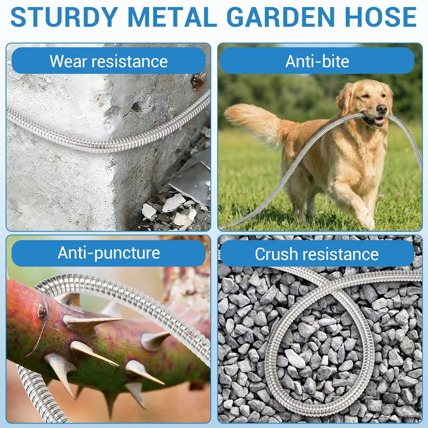 50/100/150FT Stainless Steel Garden Hose With 10-Function Spray Nozzle Kink-Free Metal Water Hose Brass Connectors