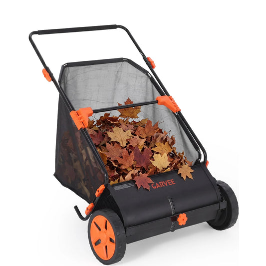 21-Inch Push Lawn Sweeper, Yard Leaf Grass Sweeper With Large Collection Bag, 4 Brushes, Steel Frame, 10'' Wheels, Height Adjustable