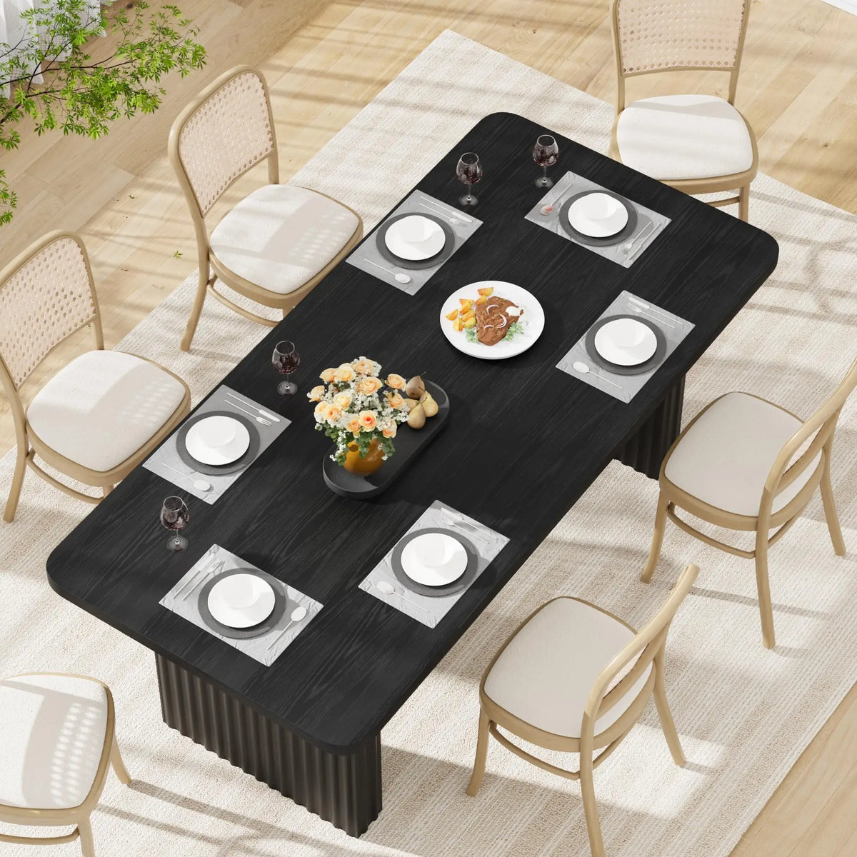71" Industrial Dining Table for 6-8, Rectangular Dining Table with 3.6"×22.9" Black Fluted Wave Metal Legs,
