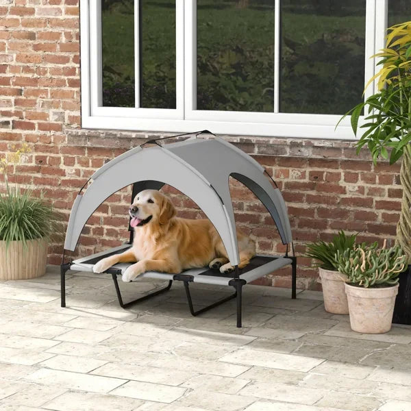 Elevated Dog Bed with Cooling Pad, Removable Canopy, Breathable Mesh, Portable Pet Cot for Large Dogs Indoor Outdoor