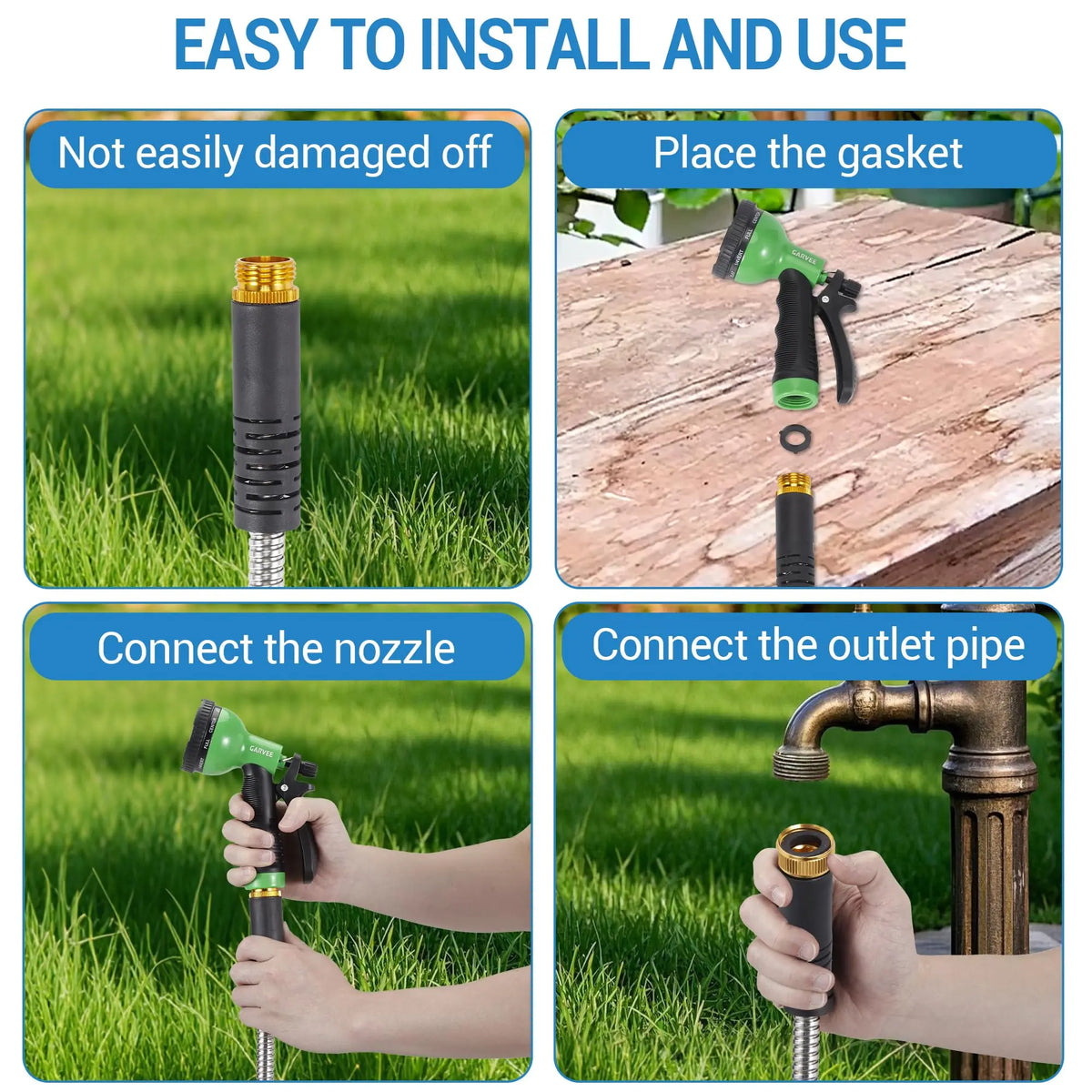 50/100/150FT Stainless Steel Garden Hose With 10-Function Spray Nozzle Kink-Free Metal Water Hose Brass Connectors