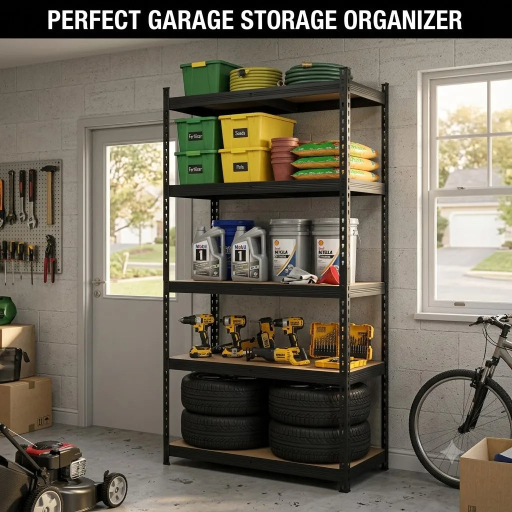 5-Tier Heavy Duty Boltless Storage Rack, 397 LBS Per Tier, Double Folded Keyhole Metal Frame, Matte Black Rust-Proof Finish, 5mm High-Density MDF Boards, 77.95×39.37×15.75 Inch Adjustable Organizer for Garage, Basement, War